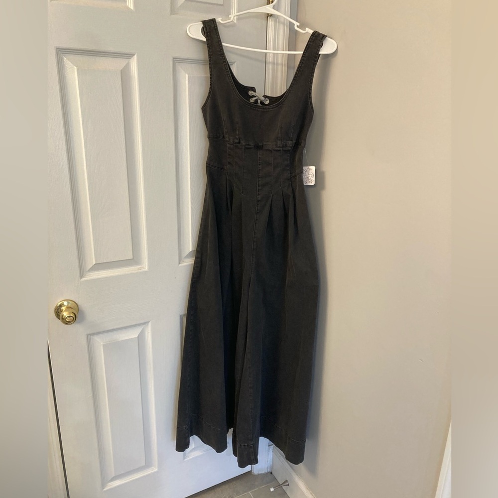 NWT Free People Big Love Sleek Black Denim Tie Back Wide Leg Side Zip Jumpsuit